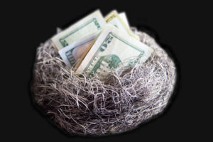 a photo with a birds nest on a black background, in the nest is several bills of american cash